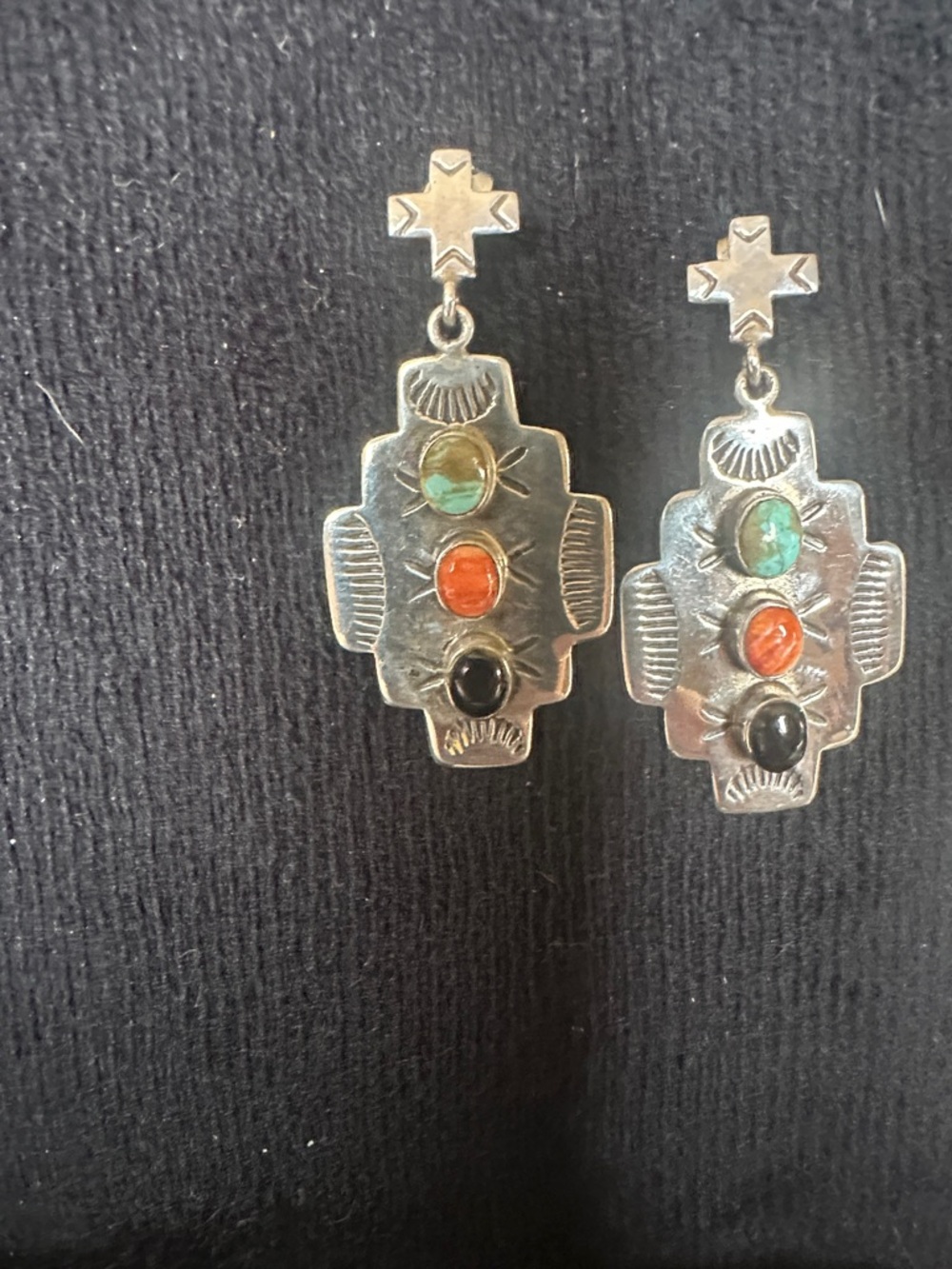 Sterling Silver Multi-Stone Drop Earrings - Turquoise, Coral, Onyx